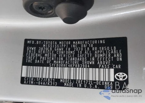 2019 Toyota Corolla Le from USA, damaged, VIN 5YFBURHE4KP883904
